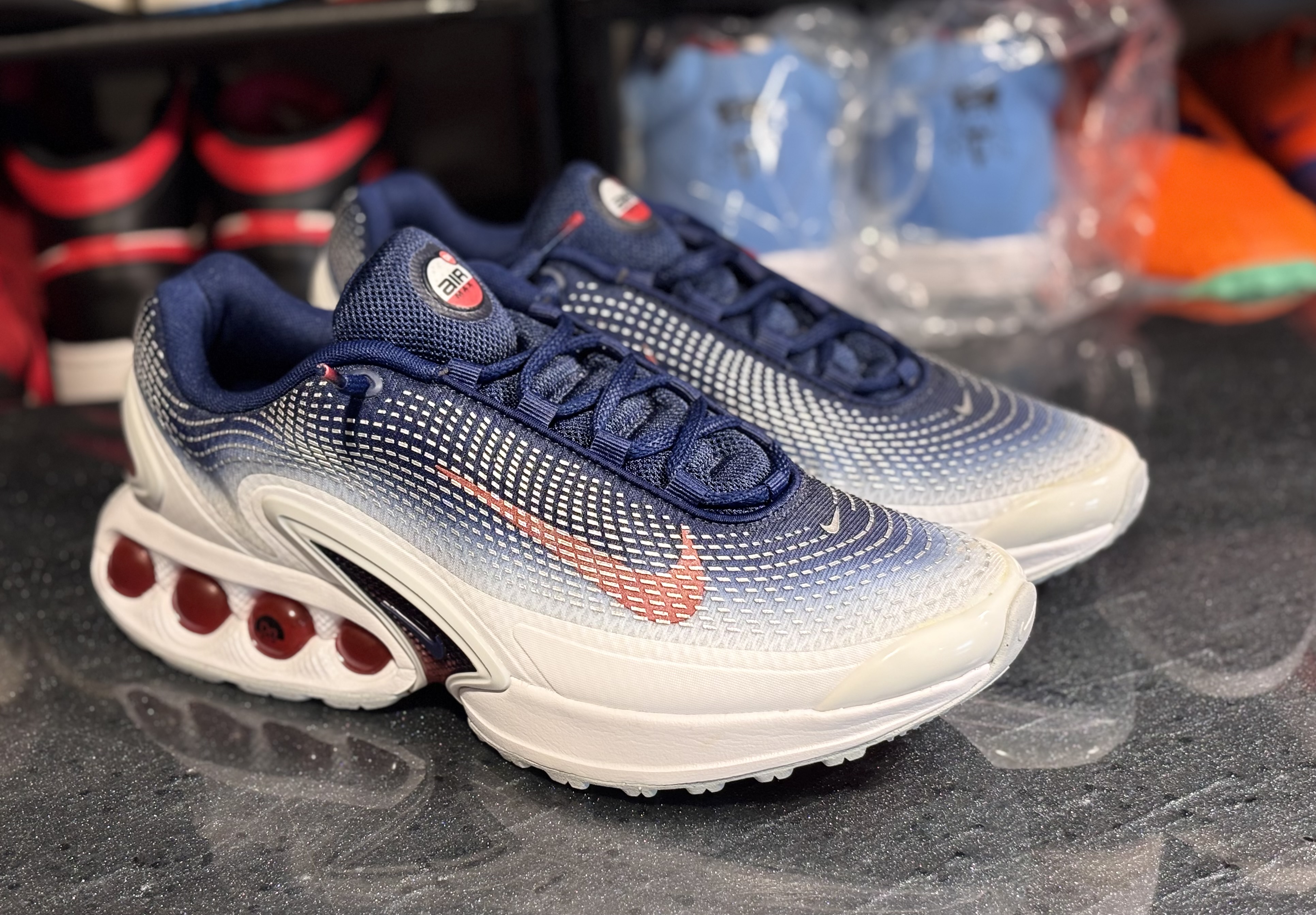 Nike Air Max Dn USA Olympics White Blue Crimson FV2250-100 Men's Size 9 NWOB in White/Blue Void/Metallic Silver/Bright Crimson.